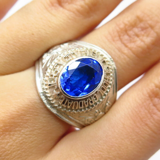 925 Sterling Silver Vintage Lab-Created Sapphire School Ring Size 9