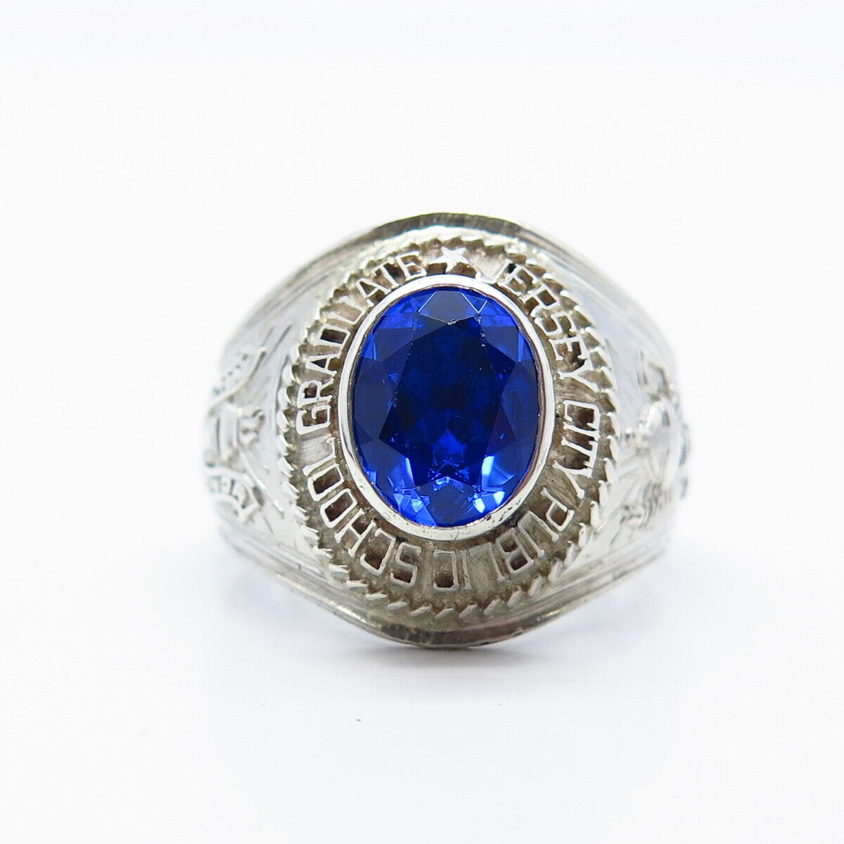 925 Sterling Silver Vintage Lab-Created Sapphire School Ring Size 9