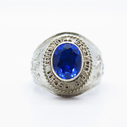 925 Sterling Silver Vintage Lab-Created Sapphire School Ring Size 9