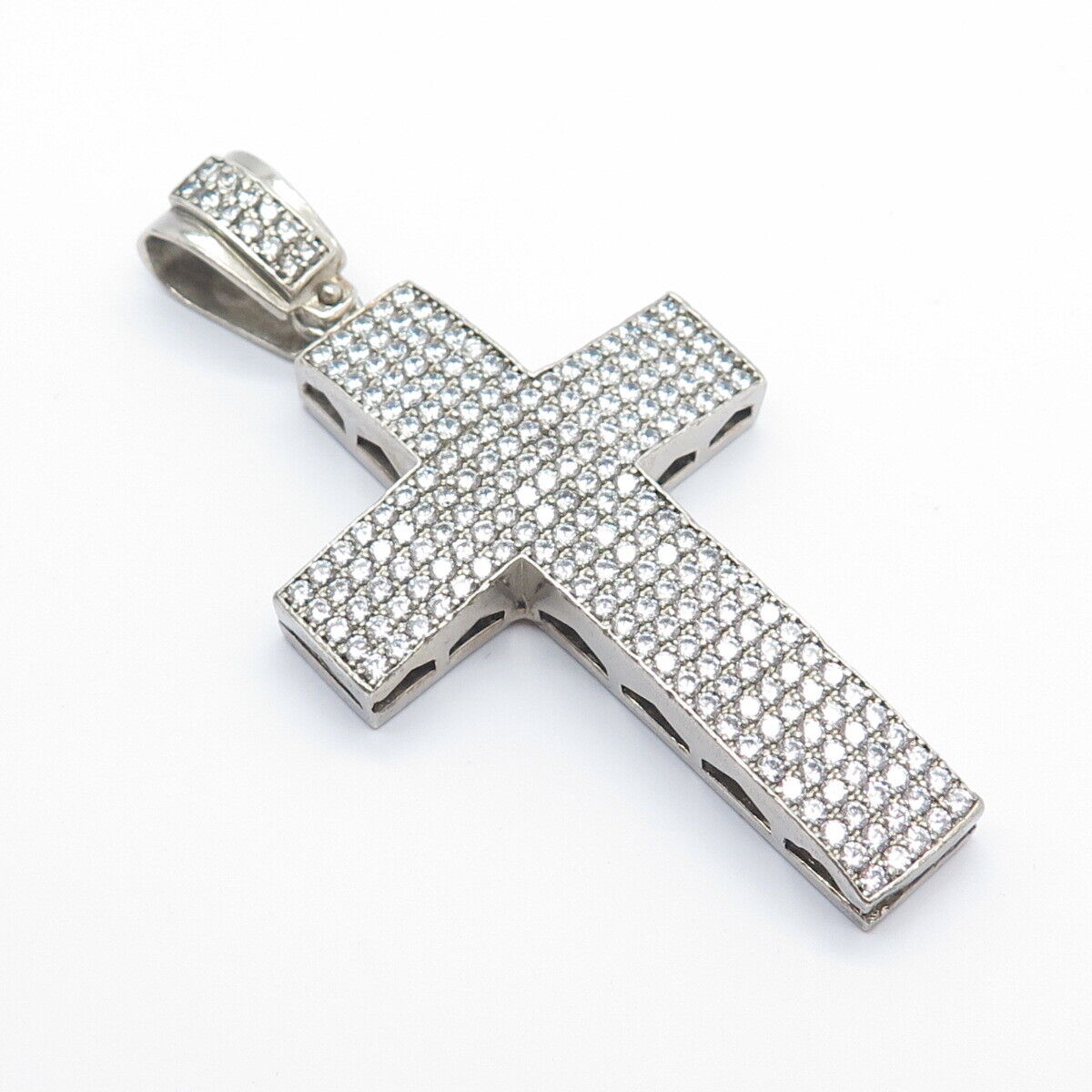 925 Sterling Silver Vintage Pave C Z Cross Large Pendant