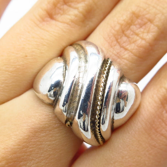 925 Sterling Silver / 14K Gold Vintage Ribbed Wide Ring Size 8.5