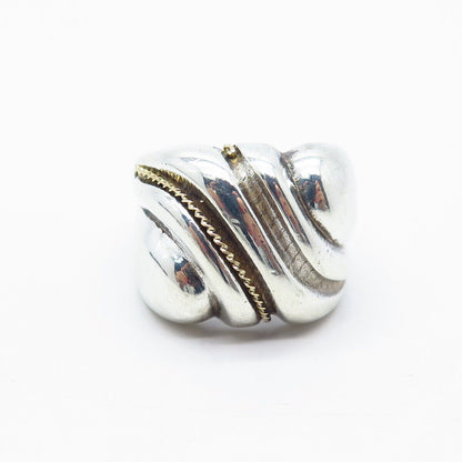 925 Sterling Silver / 14K Gold Vintage Ribbed Wide Ring Size 8.5