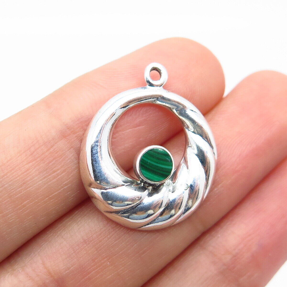 925 Sterling Silver Vintage Real Malachite Gemstone Pendant