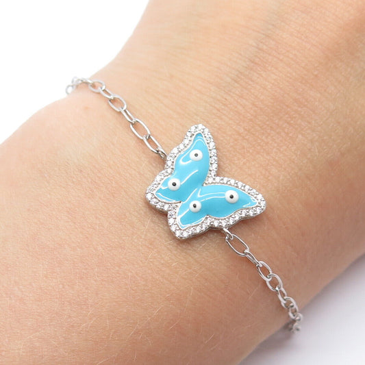 925 Sterling Silver C Z & Enamel Butterfly Rolo Link Bracelet 6.5"