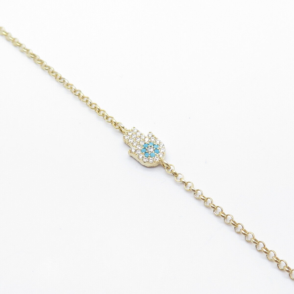 925 Sterling Silver Gold Plated C Z Hamsa Rolo Link Bracelet 6.25"