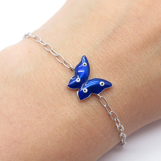 925 Sterling Silver Colorful Enamel Butterfly Rolo Link Bracelet 6.25"