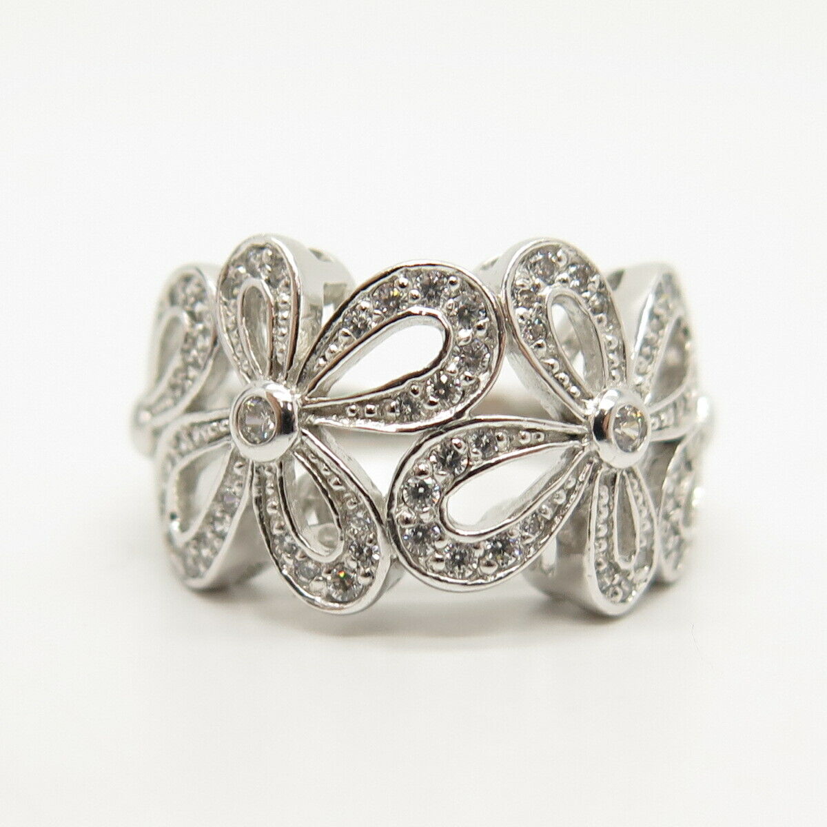925 Sterling Silver Pave C Z Floral Ring Size 7 1/4