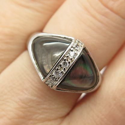 925 Sterling Silver Real Abalone Shell & C Z Ring Size 8.5