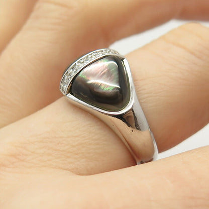 925 Sterling Silver Real Abalone Shell & C Z Ring Size 8.5