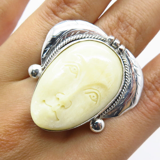 925 Sterling Silver Vintage Real Shell Face Statement Ring Size 11.25