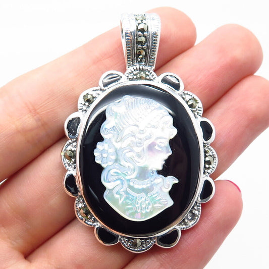 925 Sterling Silver Vintage Onyx Marcasite Gem MOP Cameo Victorian Lady Pendant