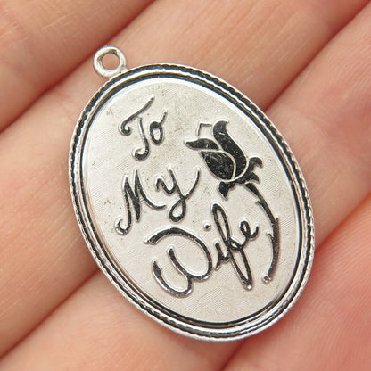 925 Sterling Silver Vintage "To My Wife" Rose Floral Pendant