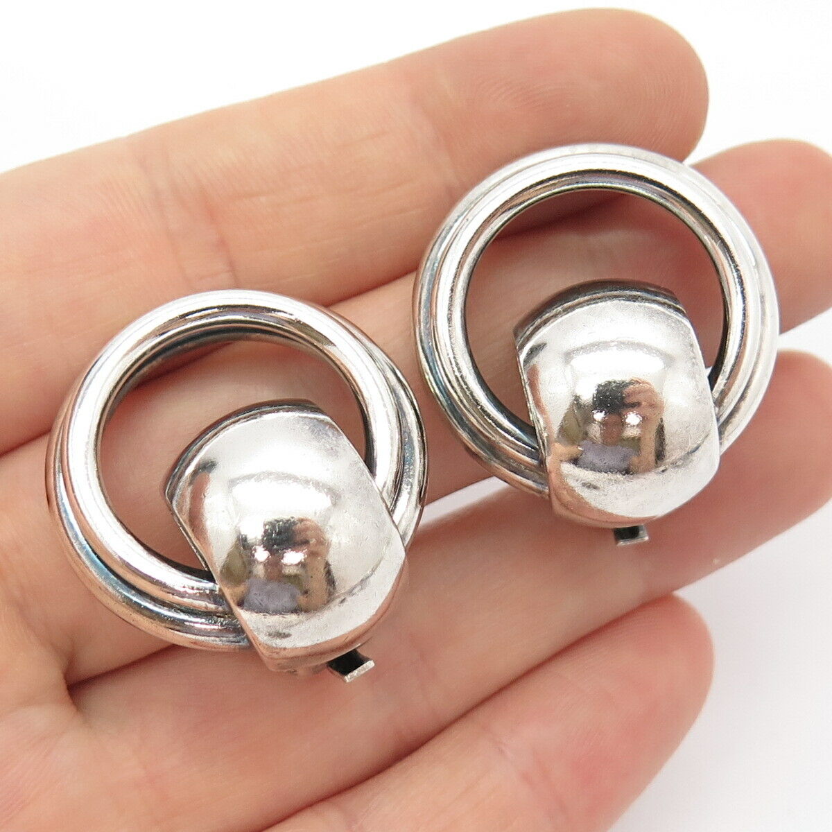 925 Sterling Silver Vintage S’Paliu Modernist Round Clip On Earrings