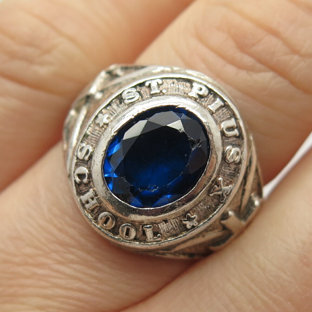 925 Sterling Vintage Lab-Created Sapphire "St. Pius X" School Ring Size 6 1/4