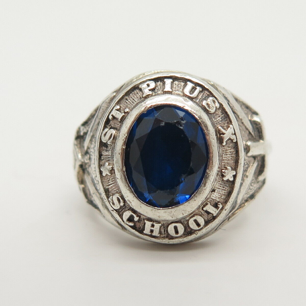 925 Sterling Vintage Lab-Created Sapphire "St. Pius X" School Ring Size 6 1/4