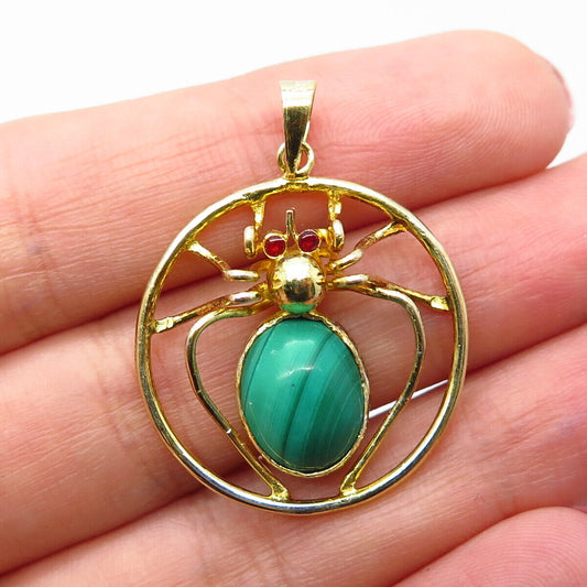 925 Sterling Silver Gold Plated Vintage Real Malachite Gem Spider Pendant