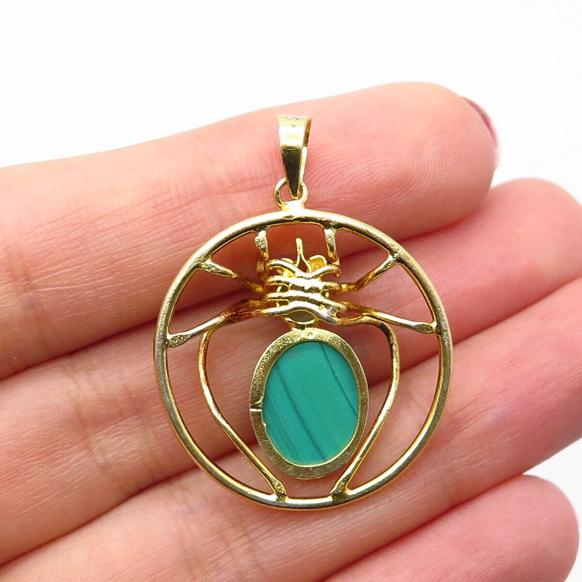 925 Sterling Silver Gold Plated Vintage Real Malachite Gem Spider Pendant