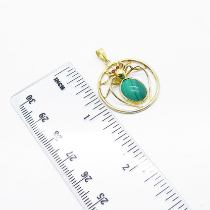 925 Sterling Silver Gold Plated Vintage Real Malachite Gem Spider Pendant