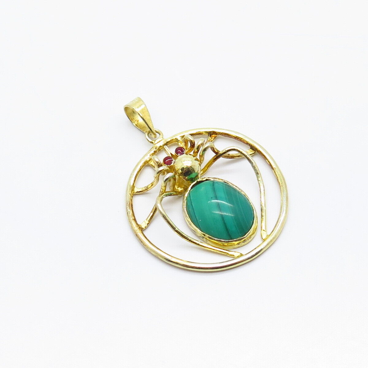 925 Sterling Silver Gold Plated Vintage Real Malachite Gem Spider Pendant