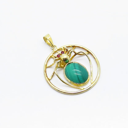 925 Sterling Silver Gold Plated Vintage Real Malachite Gem Spider Pendant