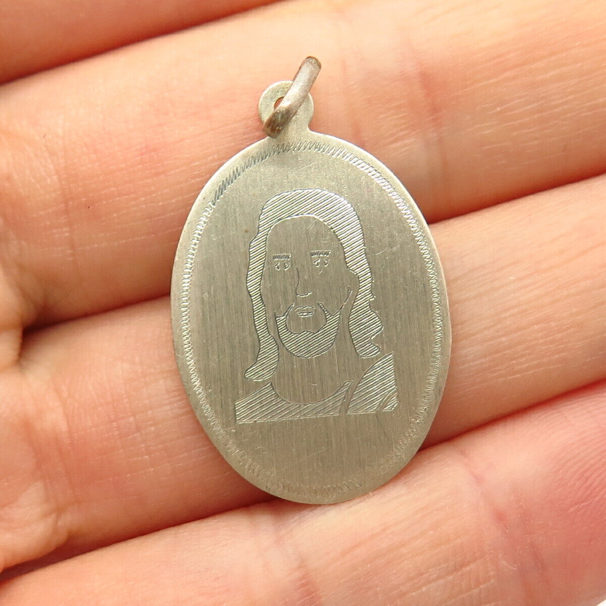 925 Sterling Silver Vintage Old Stock Jesus Religious Theme Oval Pendant