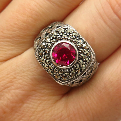 925 Sterling Silver Real Marcasite & Pink C Z Woven Signet Ring Size 7