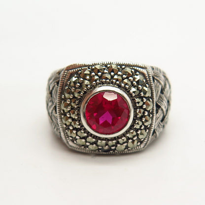 925 Sterling Silver Real Marcasite & Pink C Z Woven Signet Ring Size 7