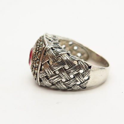 925 Sterling Silver Real Marcasite & Pink C Z Woven Signet Ring Size 7