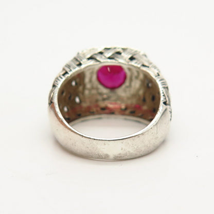 925 Sterling Silver Real Marcasite & Pink C Z Woven Signet Ring Size 7