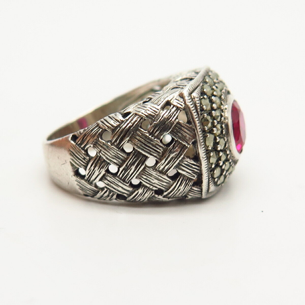 925 Sterling Silver Real Marcasite & Pink C Z Woven Signet Ring Size 7