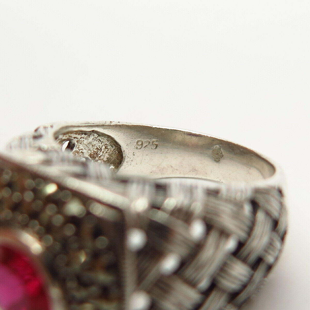 925 Sterling Silver Real Marcasite & Pink C Z Woven Signet Ring Size 7