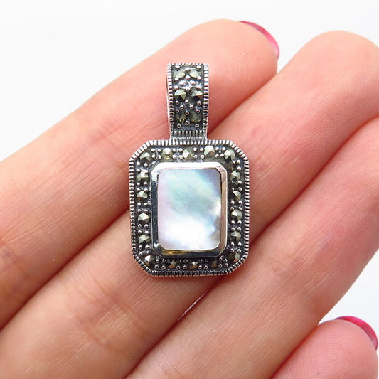 925 Sterling Silver Vintage Real Mother-of-Pearl & Marcasite Gemstone Pendant