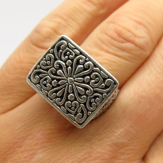 925 Sterling Silver Floral Design Statement Wide Ring Size 7 3/4