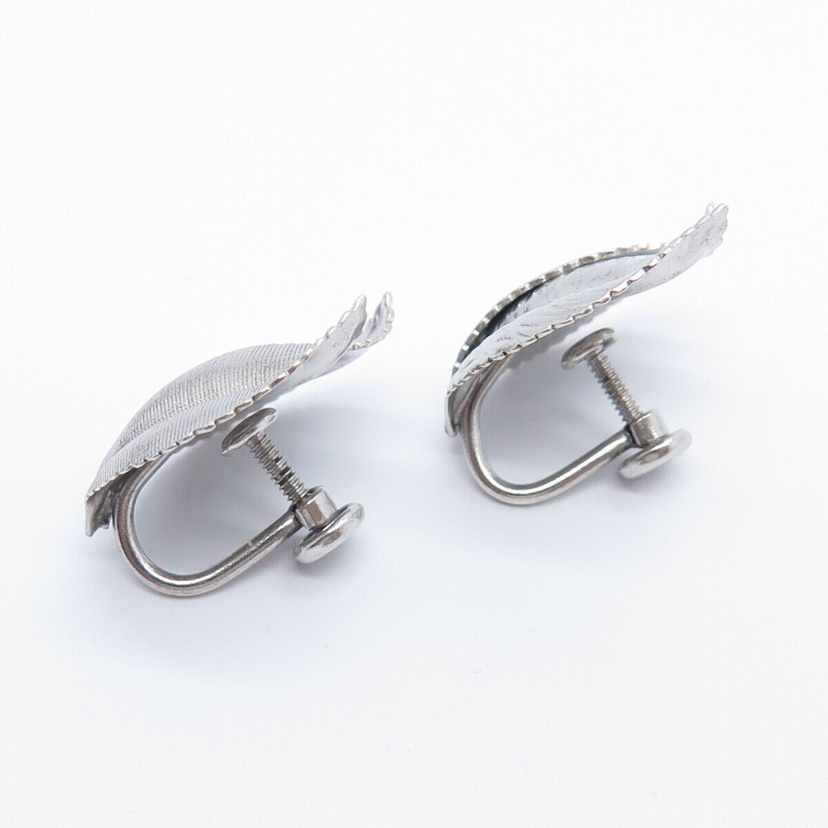 925 Sterling Silver Vintage Van Dell Textured Leaf Screw Back Earrings