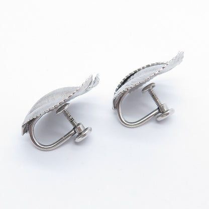 925 Sterling Silver Vintage Van Dell Textured Leaf Screw Back Earrings