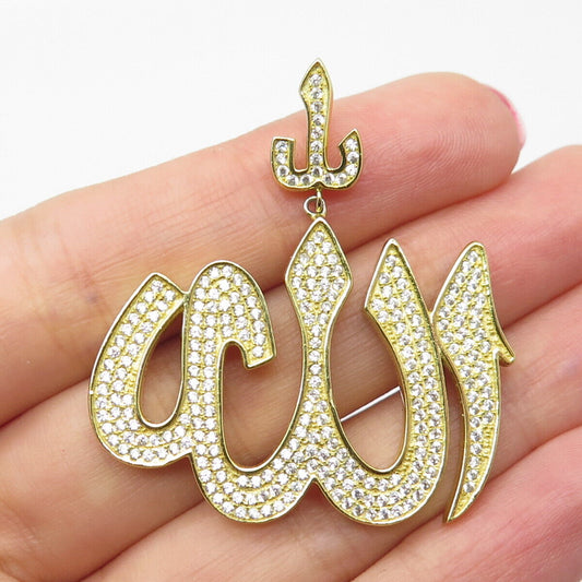 925 Sterling Silver Gold Plated Pave C Z Muslims Allah Religious Pendant