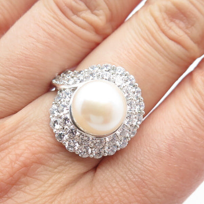 925 Sterling Silver Real Pearl & C Z Ring Size 6.25