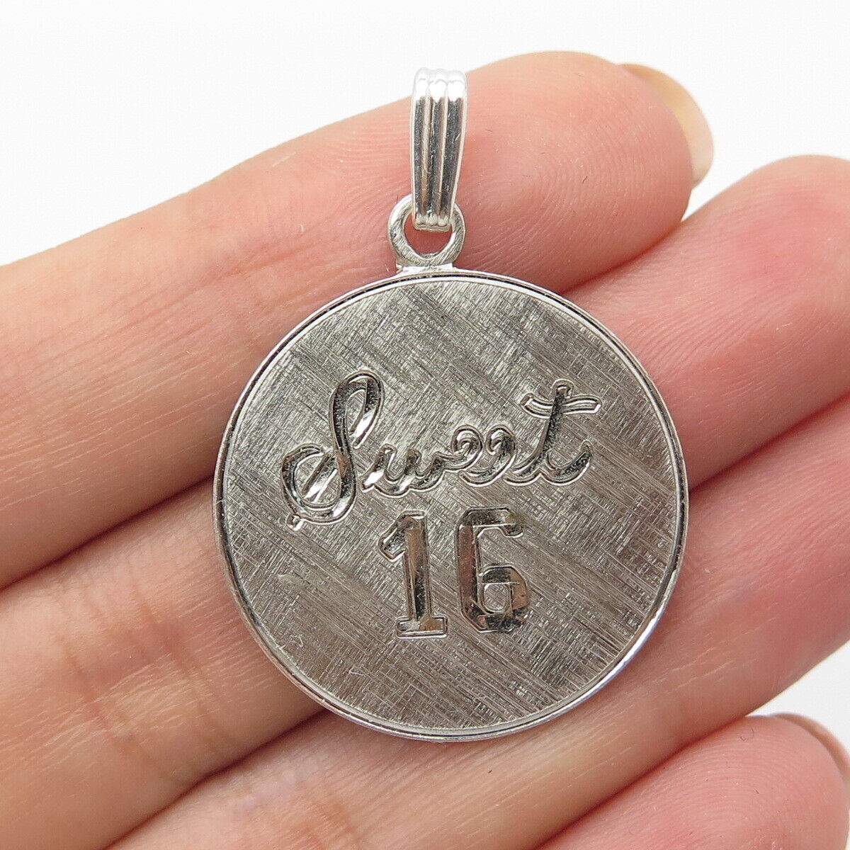 925 Sterling Silver Vintage "Sweet 16" Textured Round Pendant