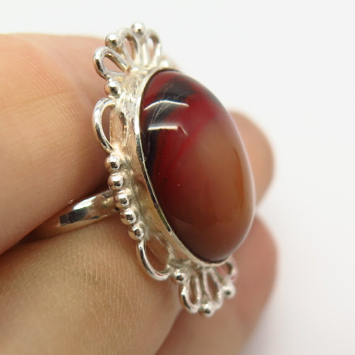 925 Sterling Silver Real Plume Agate Gemstone Ring Size 7 3/4