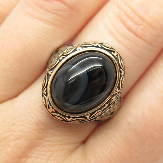 925 Sterling Silver 2-Tone Vintage Real Agate Gem Ring Size 11