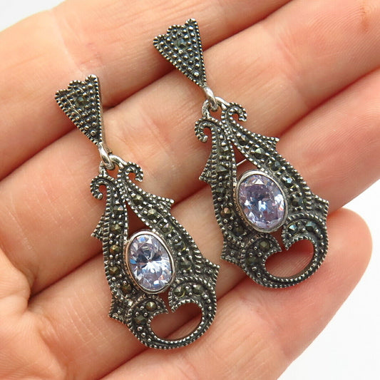 925 Sterling Silver Real Marcasite Gem & C Z Swirl Design Dangling Earrings