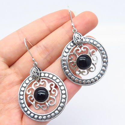 925 Sterling Silver Vintage Mexico Black Onyx Gem Ornate Dangling Earrings