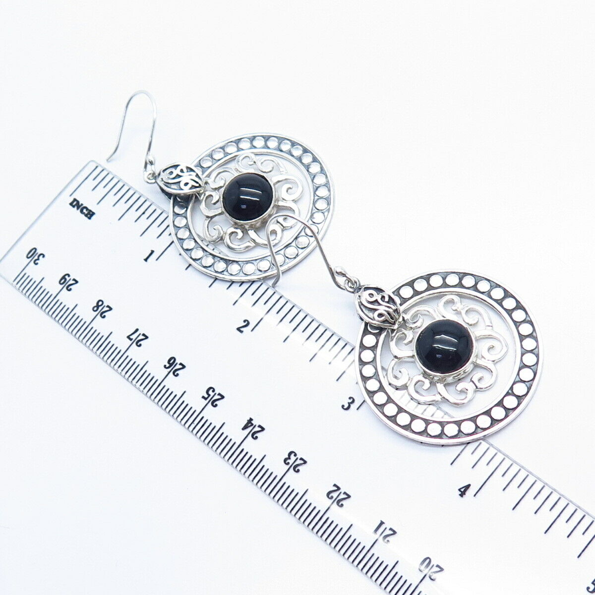 925 Sterling Silver Vintage Mexico Black Onyx Gem Ornate Dangling Earrings