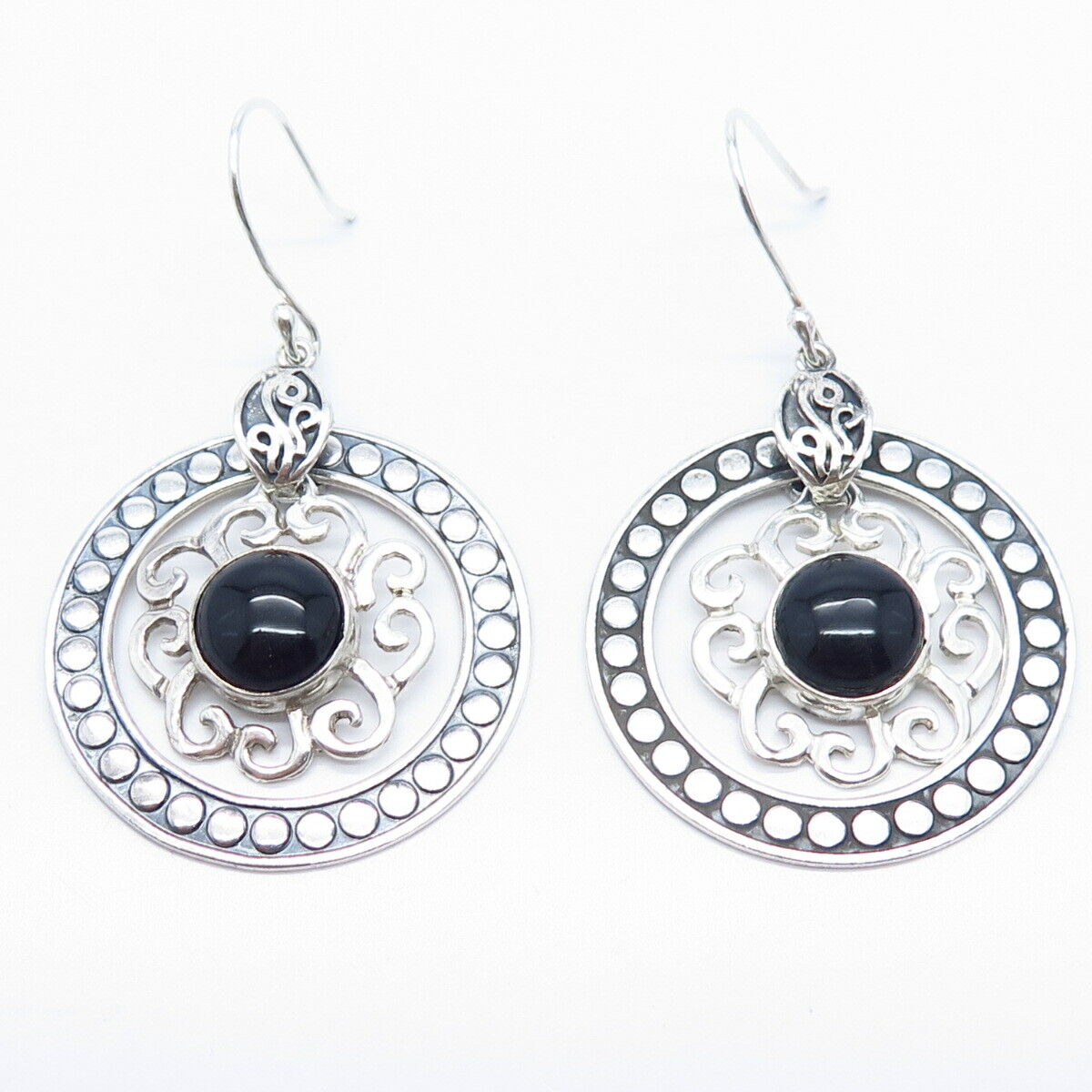 925 Sterling Silver Vintage Mexico Black Onyx Gem Ornate Dangling Earrings