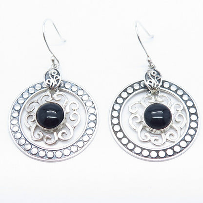 925 Sterling Silver Vintage Mexico Black Onyx Gem Ornate Dangling Earrings