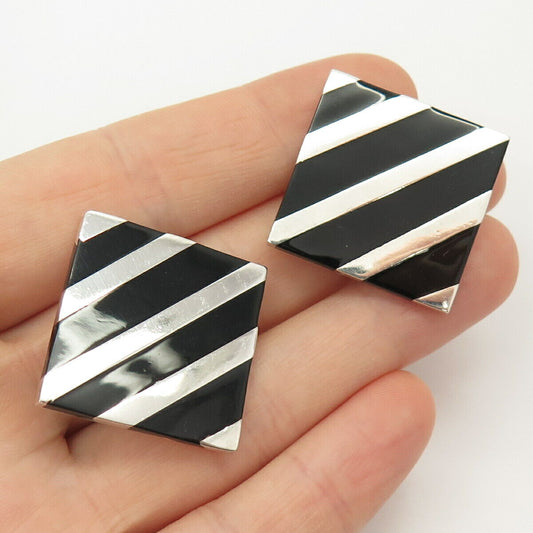 925 Sterling Silver Vintage Mexico Real Black Onyx Gem Striped Clip On Earrings