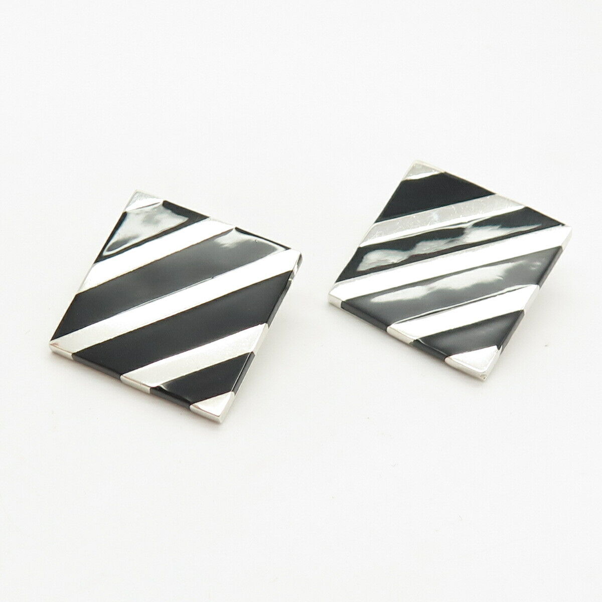 925 Sterling Silver Vintage Mexico Real Black Onyx Gem Striped Clip On Earrings