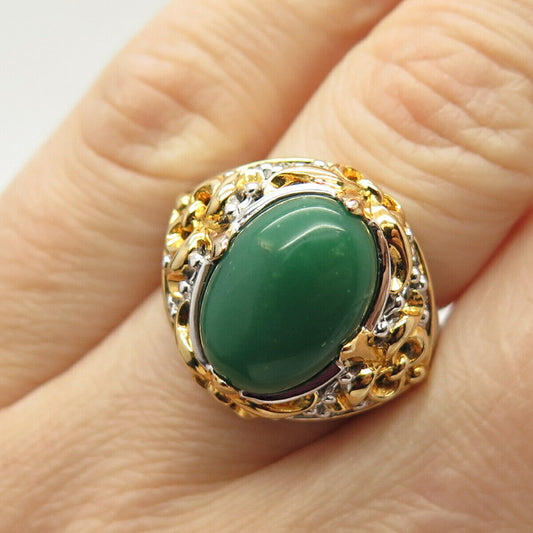 925 Sterling Silver 2-Tone Real Chrysoprase Gemstone Ring Size 7