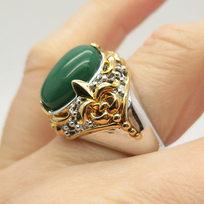 925 Sterling Silver 2-Tone Real Chrysoprase Gemstone Ring Size 7