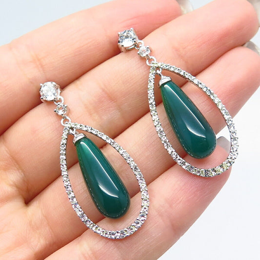 925 Sterling Silver Green Onyx Imitation & C Z Dangling Earrings